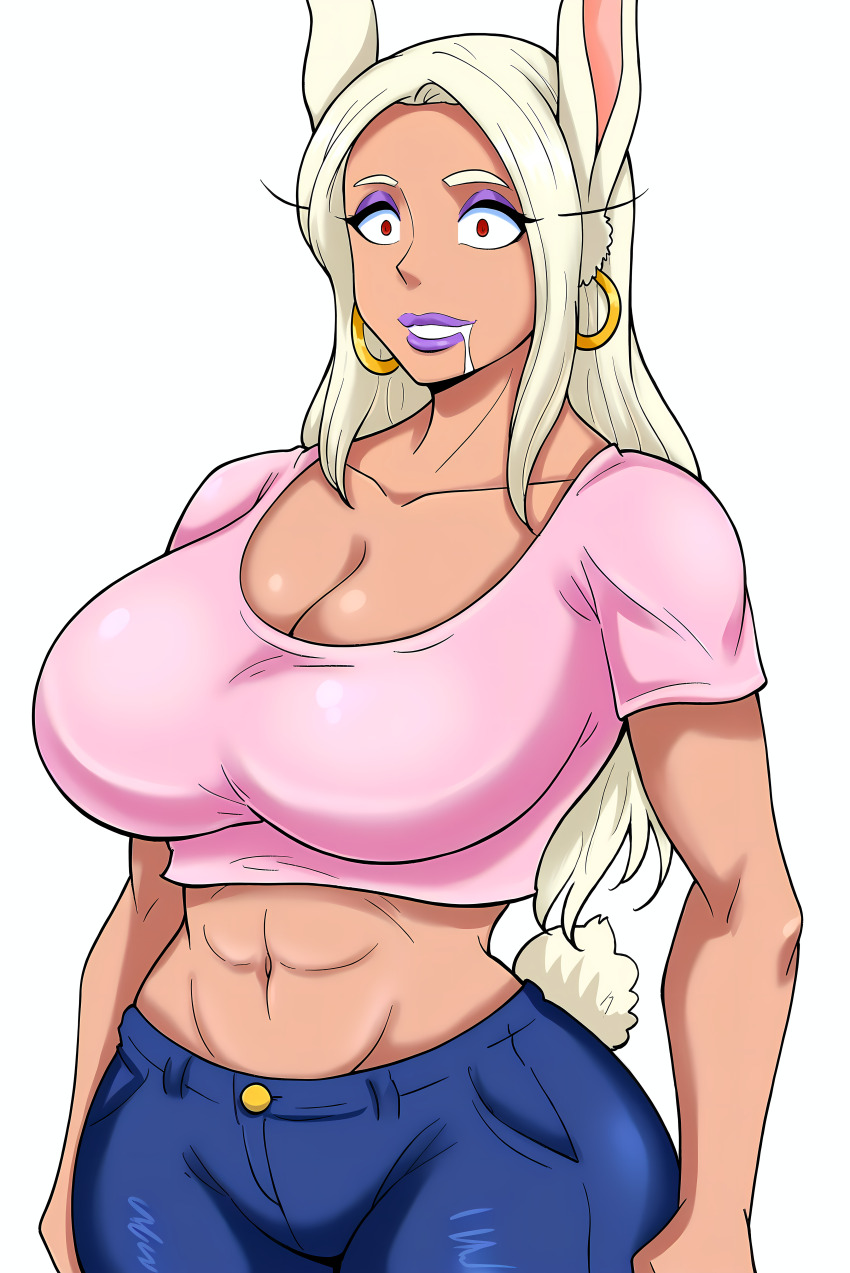 abs ai_art bimbofication bunny_ears bunny_girl cleavage collarbone crop_top dark_skin drool earrings expressionless female_only femsub huge_breasts jeans lipstick long_hair makeup maledom minimimic_(generator) minimimic_(manipper) muscle_girl my_hero_academia navel red_eyes rumi_usagiyama shrunken_irises simple_background standing_at_attention white_background white_hair