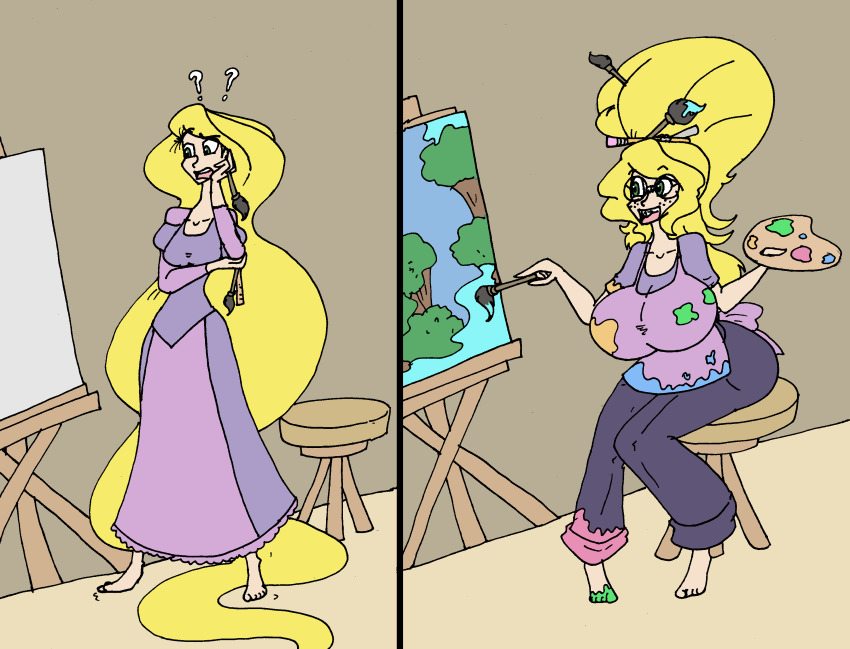 absurdres alternate_costume alternate_hairstyle barefoot before_and_after blonde_hair breast_expansion breasts disney femsub freckles glasses huge_breasts long_hair lordebonfuze nerd nerdification open_mouth princess rapunzel tangled transformation