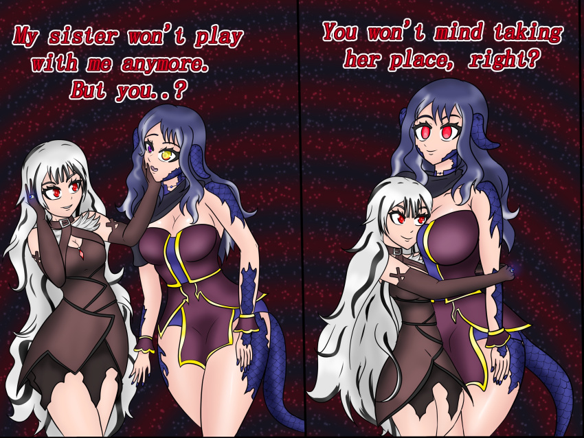 absurdres bare_legs blue_hair cleavage clothed collar dialogue empty_eyes female_only femdom femsub fire_emblem fire_emblem_engage gloves hand_on_another's_cheek hand_on_head hug large_breasts long_hair luna_sapphirestar_(lunabunnylili) nail_polish necklace nintendo open_mouth opera_gloves original purple_eyes red_eyes scales silver_hair simple_background sleepy_kai smile spiral_background standing standing_at_attention tagme tail text very_long_hair veyle_(fire_emblem) yellow_eyes