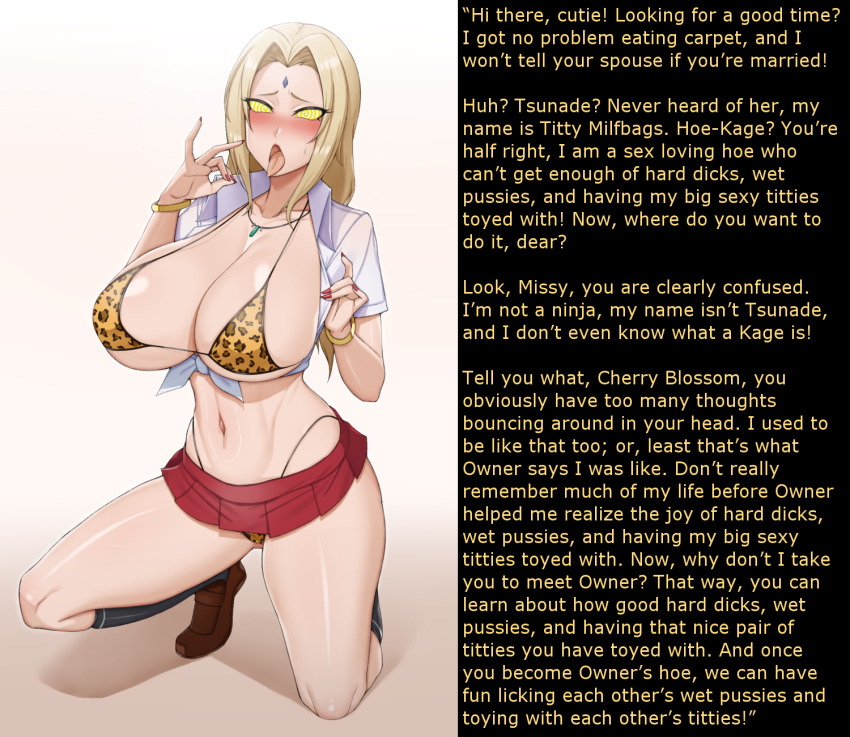 ahegao bikini blonde_hair blush bracelet breasts caption cleavage exposed_chest female_only femsub ghost13_(writer) glowing glowing_eyes handplug happy_trance huge_breasts icontrol_(manipper) jewelry kneeling large_hips leopard_print long_hair manip milf miniskirt misterman4_(manipper) nail_polish naruto_(series) necklace open_mouth school_uniform skirt solo spiral_eyes sweat swimsuit symbol_in_eyes text thong tongue tongue_out tsunade