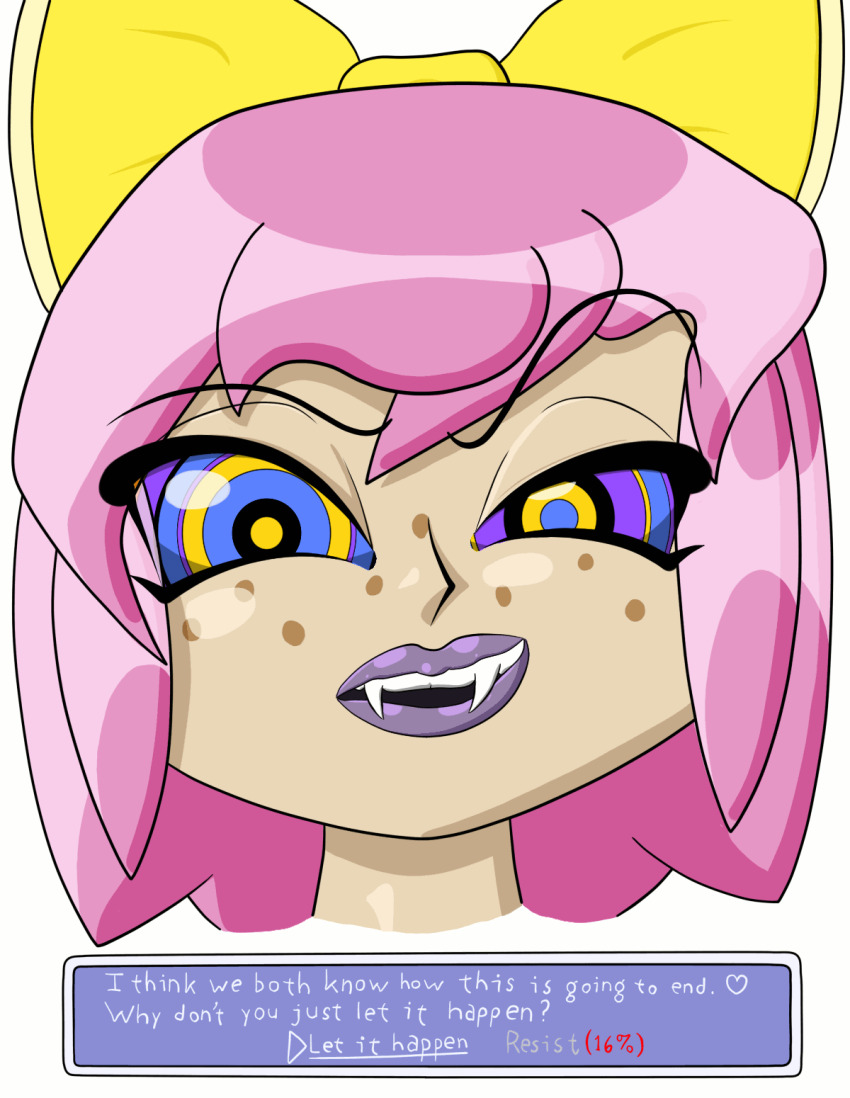 animated animated_eyes_only animated_gif bml-20xx boss_pitviper fangs femdom freckles hypnotic_eyes kaa_eyes looking_at_viewer original pink_hair pov pov_sub short_hair text