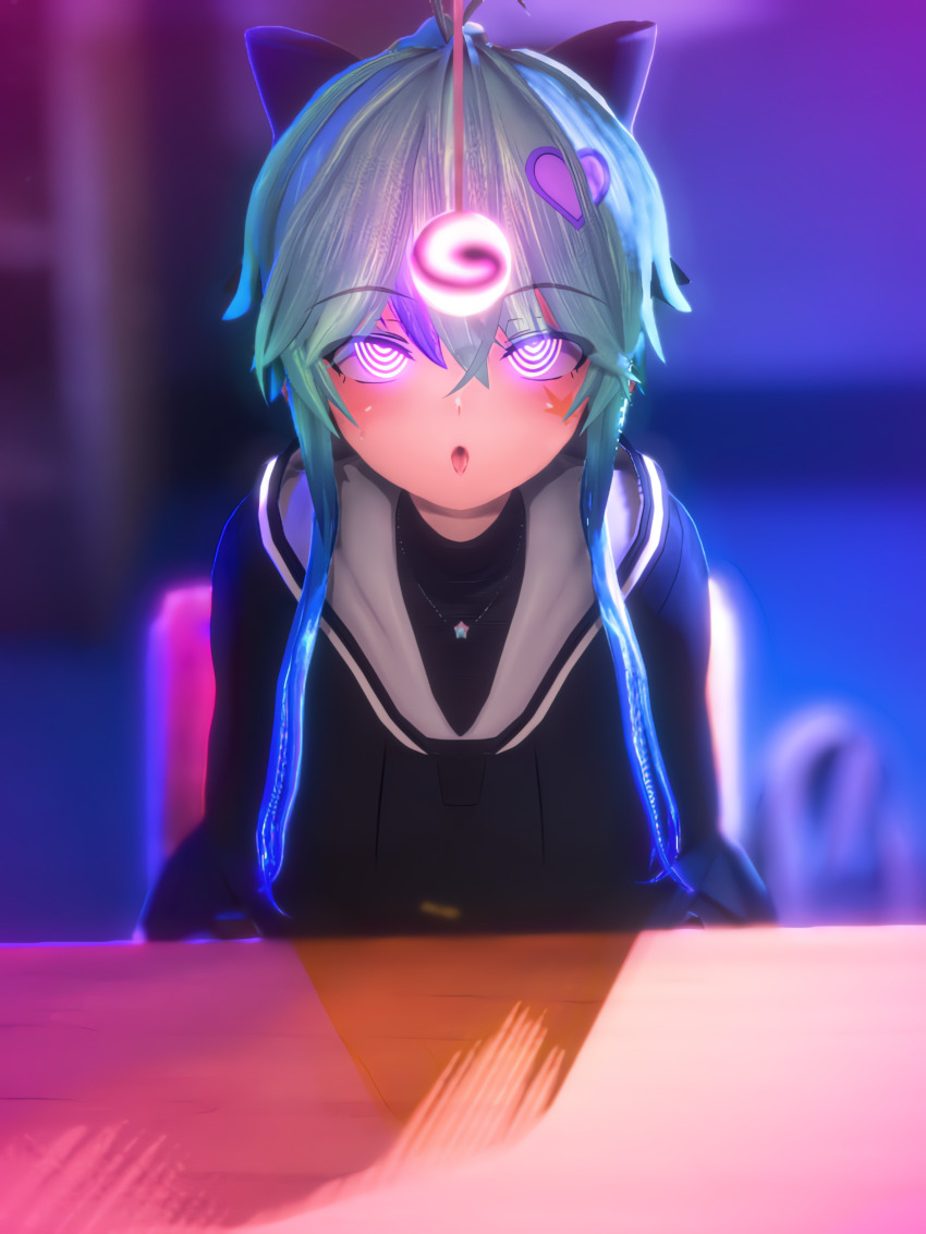 3d ahoge blue_hair blush bow breasts dazed eye_roll female_only femsub glowing_eyes hair_ornament heart hypnotic_object koikatsu! linfu open_mouth original pendulum pink_eyes school_uniform sitting solo spiral spiral_eyes tongue tongue_out