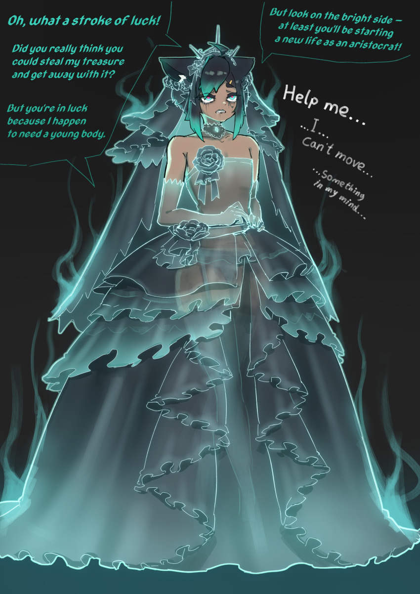 absurdres animal_ears aware black_background body_control bridal_gauntlets bridal_veil confused dialogue dress drool english_text eyeshadow femdom feminization flower flower_crown flower_in_hair garter_belt gloves glowing green_hair hair_ornament headdress hypnotic_magic magic makeup malesub mascara multicolored_eyes original possession see-through shu_stella simple_background speech_bubble tears text thighhighs thighs underwear unhappy_trance veil wedding_dress