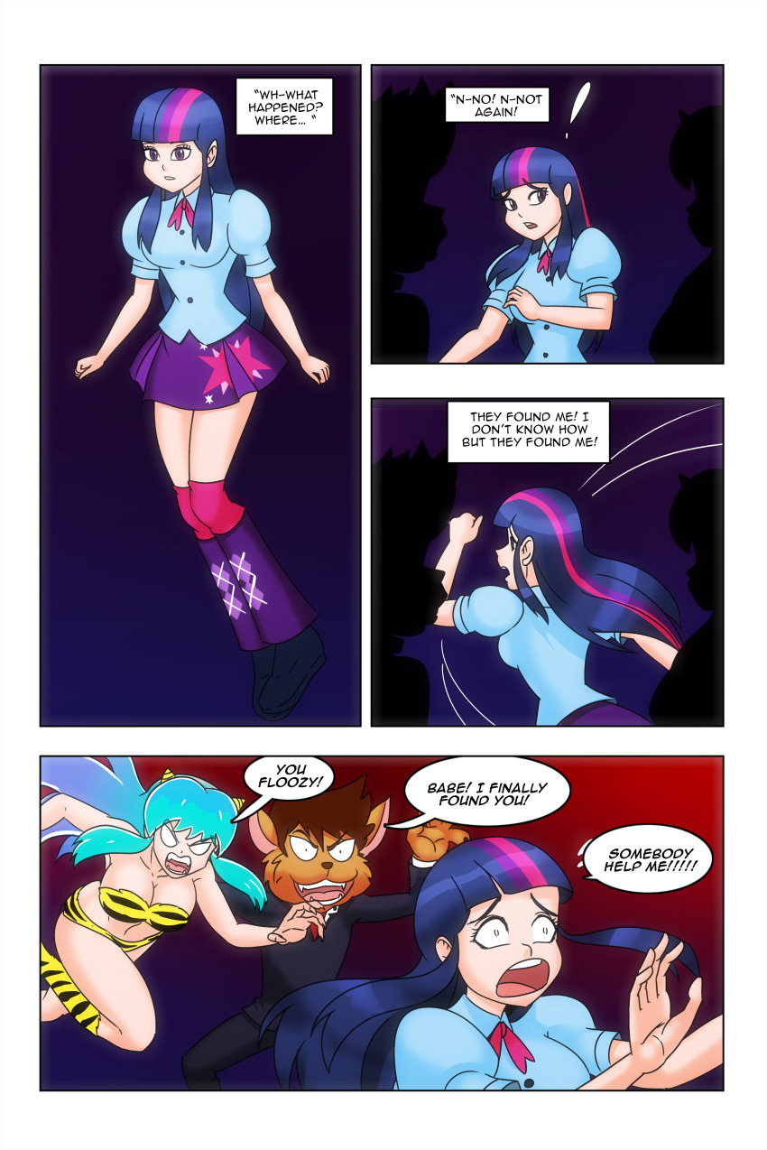 ataru_moroboshi bikini boots brown_hair comic crossover demon_girl dialogue equestria_girls furry green_hair lum multicolored_hair my_little_pony purple_eyes school_uniform short_skirt story text twilight_sparkle urusei_yatsura wadevezecha western wolf_boy