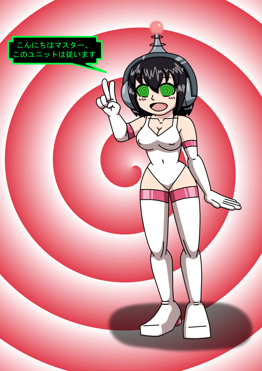 absurdres antenna black_hair erect_nipples female_only fembot femsub happy_trance headphones hypnotic_accessory latex love_(tobyakafuji) open_mouth original robotization short_hair smile solo spiral_eyes supertechno324 symbol_in_eyes tech_control text thighhighs translation_request