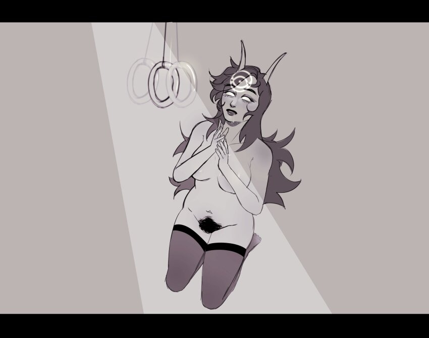 absurdres drool empty_eyes exposed_chest feet homestuck horns kneeling large_breasts lipstick long_hair monochrome ms_paint_adventures no_panties original pendulum pubic_hair soldierexclipse tagme
