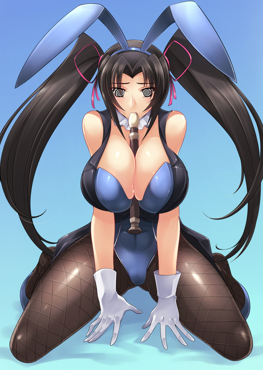 absurdres bare_shoulders black_hair blush breasts bunny_ears bunnysuit cleavage fake_animal_ears female_only femsub fishnets flute gloves haganef high_school_dxd icontrol_(manipper) instrument kneeling large_breasts long_hair manip pantyhose serafall_leviathan solo spiral_eyes symbol_in_eyes twintails
