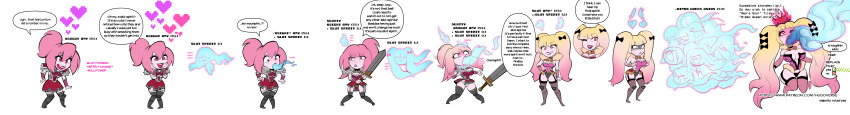 absurdres armor ass_expansion bangs before_and_after bimbofication blonde_hair boots bow bracers breast_expansion breasts choker cleavage comic dialogue eyeshadow gameplay_mechanics garter_straps ghost hair_growth hair_ornament hand_on_head heart heart_eyes hugothetroll knight large_breasts lipstick long_hair makeup one_eye_open original pink_eyes pink_hair ponytail possession potion purple_lipstick red_eyes resisting simple_background smile speech_bubble spiral_eyes standing sword symbol_in_eyes text thigh_boots thighhighs transformation twintails very_long_hair weapon white_background
