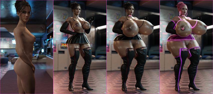 3d absurdres alternate_costume assertive_sub bare_shoulders before_and_after bimbofication bottomless breast_expansion breasts brown_hair collarbone cyberpunk_(series) cyberpunk_2077 earrings exposed_chest female_only femsub gloves high_heels huge_breasts large_hips nude panam_palmer prostitution short_skirt skirt small_breasts solo speech_bubble standing stryker751 text thighhighs thought_bubble topless unaware wide_hips