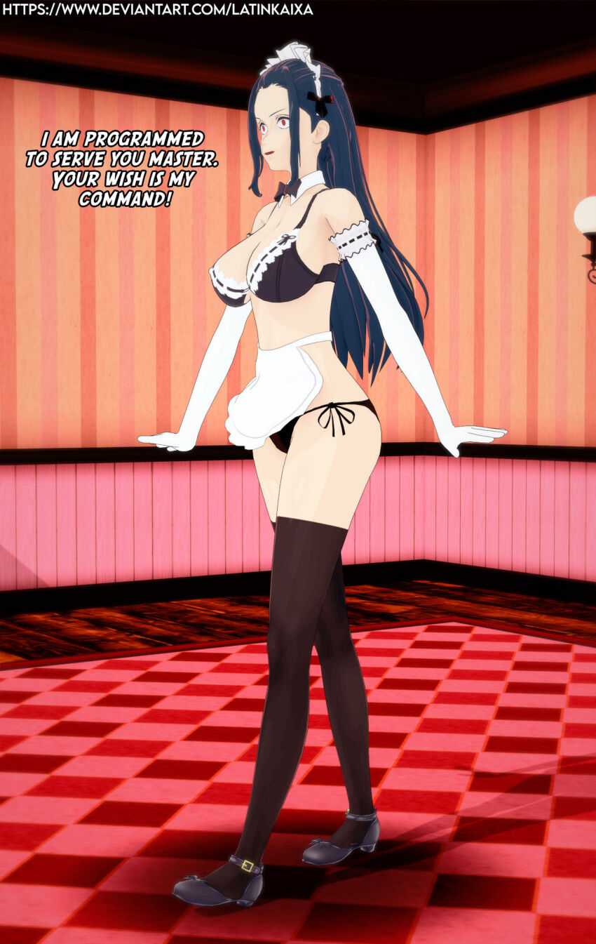 3d apron bow bow_tie bra breasts cleavage dialogue empty_eyes femsub gloves hair_ornament large_breasts latinkaixa long_hair maid maid_headdress navel nico_robin one_piece open_mouth opera_gloves panties red_eyes shoes signature smile standing text thighhighs underwear