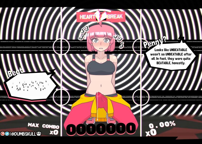 ahoge arms_behind_back beat_(unbeatable) blush clothed collarbone crop_top cum defeated drool dumbskull erection_under_clothes expressionless eyebrows_visible_through_hair female_only femsub gameplay_mechanics heart hypnotic_music kneeling looking_at_viewer midriff music navel open_mouth pants penis pink_hair ring_background shoes short_hair solo spiral_eyes text transfem transgender_identity unbeatable