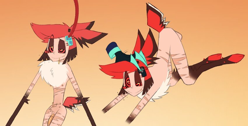 alastor_(hazbin_hotel) all_fours arched_back balls deer_boy demon demon_boy drool fangs furry hazbin_hotel hooves labbit male_only malesub microchip mind_hack multiple_nipples nipples nude penis red_hair ring_eyes scars simple_background tail tech_control vox wires
