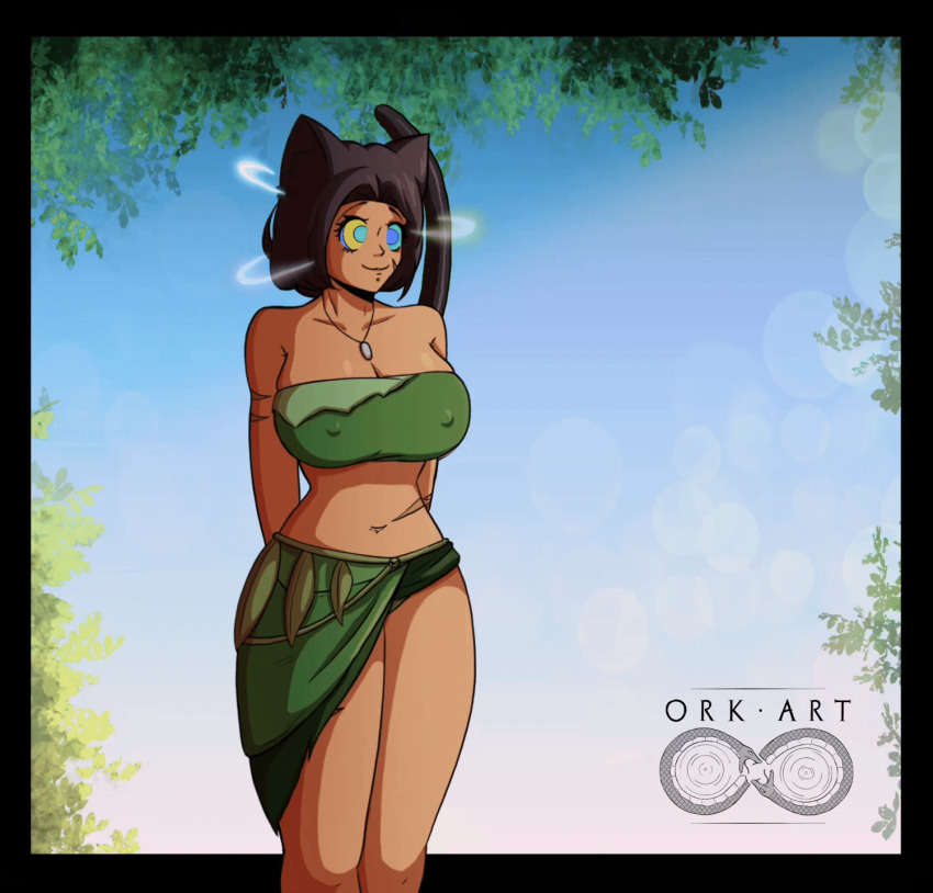 animated animated_gif black_hair bra cat_ears cat_girl cat_tail clothed erect_nipples female_only happy_trance hypnotic_eyes jungle kaa_eyes necklace original orkart panther_girl ping sahvi_(orkart) skirt smile solo spiral_eyes