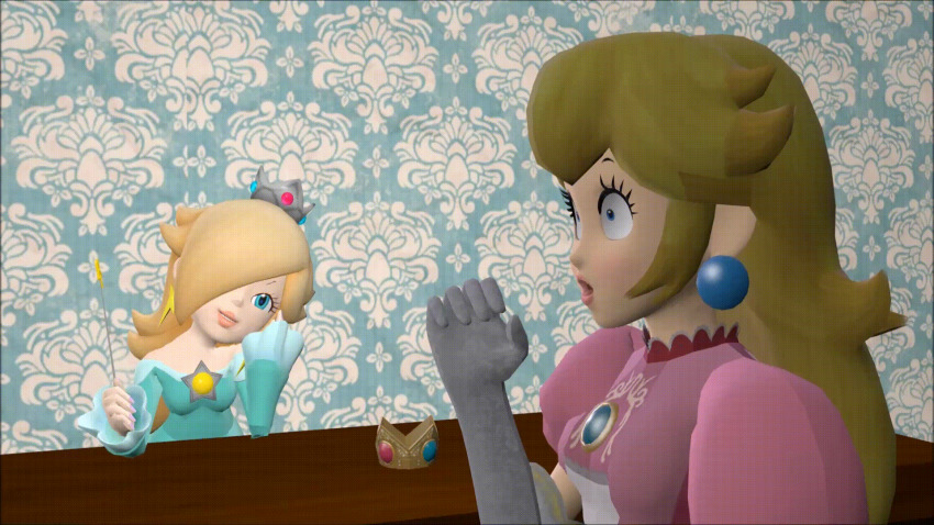 3d animated animated_gif blonde_hair blue_eyes breasts clothed crown dazed distortingreality dress earrings evil_smile female_only femdom femsub gloves hair_covering_one_eye jewelry large_breasts long_hair magic magic_wand multiple_girls nintendo open_mouth opera_gloves oral princess princess_peach princess_rosalina sexually_suggestive shrunken_irises simulated_fellatio simulated_handjob smile super_mario_bros. tongue