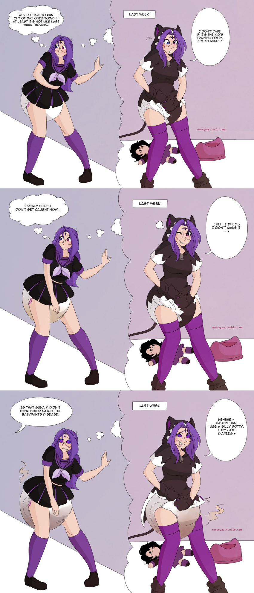 absurdres age_regression catsuit diaper doll drool femsub glasses heterochromia merunyaa original purple_hair scat school_uniform symbol_in_eyes text thighhighs tongue tongue_out