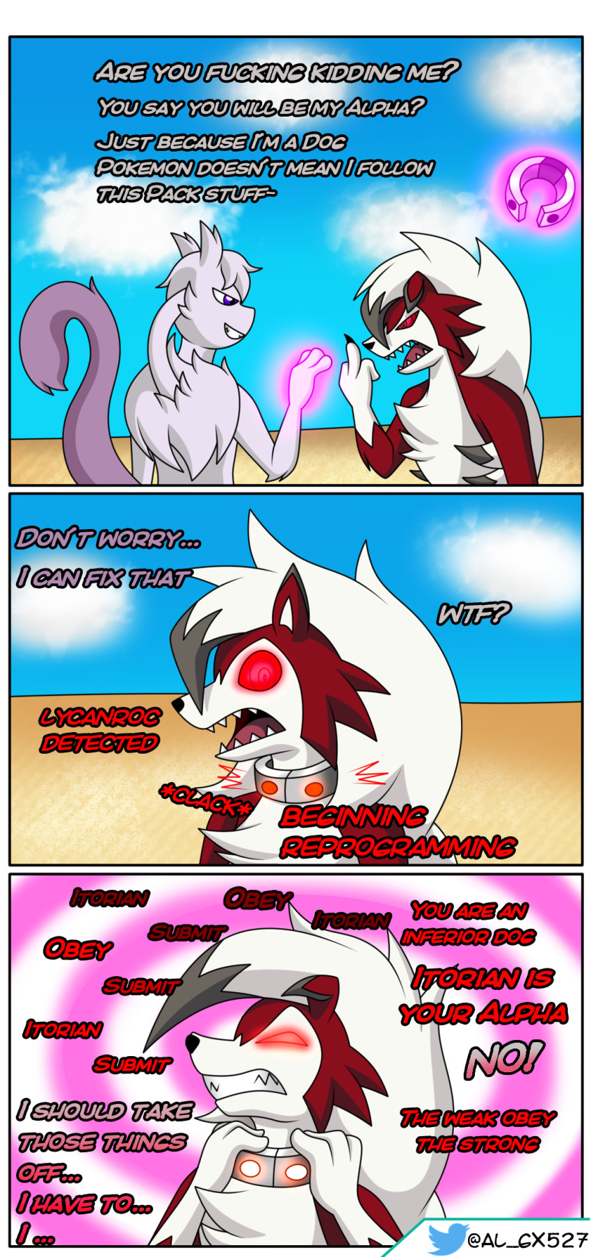 al_gx collar comic dialogue furry hypnotic_accessory long_hair lycanroc lycanroc_(midnight) maledom malesub mewtwo nintendo open_mouth pokemon pokemon_(creature) remote_control resisting smile symbol_in_eyes tech_control text tongue yaoi