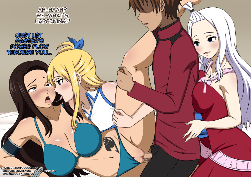 bisexual blonde_hair brown_hair cana_alberona censored doggos_doujins empty_eyes fairy_tail femsub harem long_hair lucy_heartfilia maledom mirajane_strauss sex spit_trail swimsuit text threesome vaginal white_hair