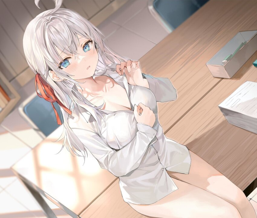 ahoge alisa_mikhailovna_kujou alya_sometimes_hides_her_feelings_in_russian blue_eyes blush breasts classroom cleavage collarbone dazed female_only femdom femsub hair_ornament hair_ribbon large_breasts long_hair momoco official ribbon shirt solo thighs undressing white_hair