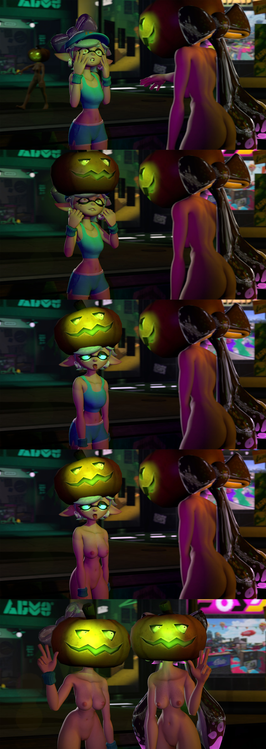 3d absurdres ass bare_legs black_hair bottomless breasts brown_eyes callie_(splatoon) comic crossed_eyes earrings elf_ears glowing glowing_eyes grey_hair gym_uniform halloween heavy_eyelids hypnotic_accessory hypnotized_hypnotist leaning_forward long_hair marie_(splatoon) mole multiple_girls multiple_subs night nintendo nipples nude open_mouth outdoors pumpkin pussy resisting rust short_hair short_shorts shorts slouching source_filmmaker splatoon sports_bra squid_sisters tongue tongue_out topless twintails v zombie