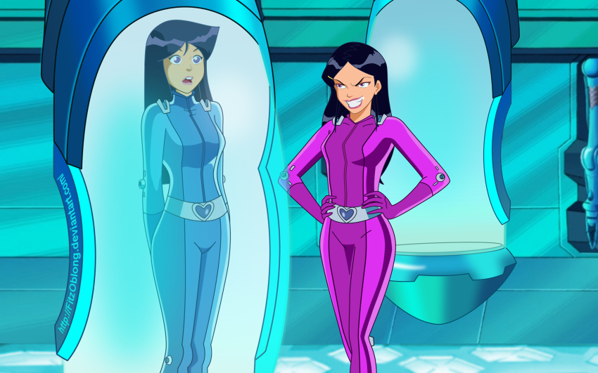 black_hair bodysuit britney expressionless female_only femdom femsub fitzoblong long_hair mandy_(totally_spies) smile spiral_eyes stasis_tank symbol_in_eyes tech_control totally_spies