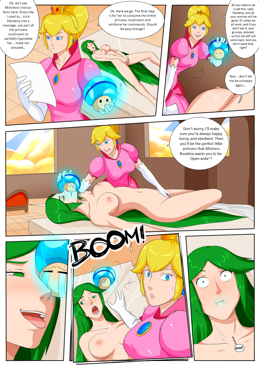 ass blonde_hair blue_eyes breasts closed_eyes comic crown earrings female_only gloves green_eyes green_hair groping kid_icarus lipstick long_hair massage masturbation multiple_girls mushroom nintendo nipples nude oo_sebastian_oo open_mouth palutena pink_lipstick princess_peach pussy seductive_smile shiny_hair shiny_skin super_mario_bros. text thick_thighs thighs tongue tongue_out very_long_hair yuri