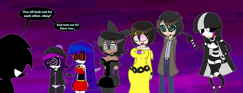 aged_up ahoge alternate_costume bare_shoulders beanie black_eyes black_hair black_sclera blue_eyes blue_hair bow brown_hair charlotte_emily cleavage cleavage_cutout collarbone crossover doll_(murder_drones) drool english_text expressionless eyebrows_visible_through_hair eyelashes failed_hypnosis fangs femsub five_nights_at_freddy's freckles goth hand_on_hip hood hoodie hypnoscream jacket kingdom_hearts large_breasts large_hips little_nightmares long_hair malesub mono multicolored_hair multiple_subs murder_drones non-binary_dom open_mouth pants pink_eyes puppet_(fnaf) purple_eyes purple_hair red_eyes robot_girl shiny_hair short_hair simple_background six sora speech_bubble spiralwash_eyes standing_at_attention story straight-cut_bangs tail tessa_james_elliot uzi_doorman white_eyes wholesome zipper
