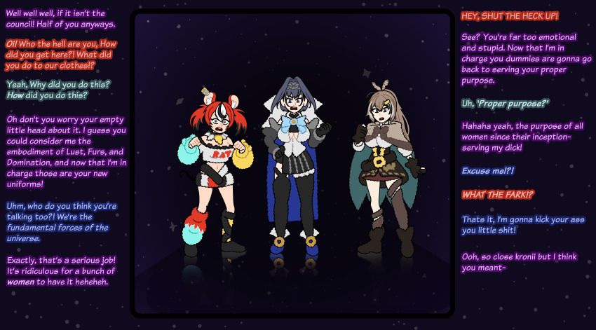 blue_hair brain_drain clothed dialogue femsub fur_coat hakos_baelz hololive hololive_english kronii_ouro maledom microchip multiple_girls mumei_nanashi red_hair sexism unlikely virtual_youtuber