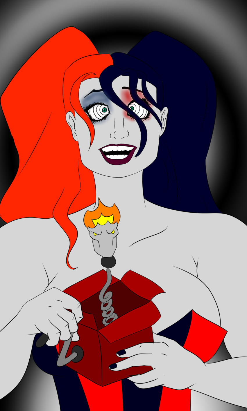 absurdres batman_(series) black_hair breasts crossed_eyes dc_comics female_only femsub happy_trance harley_quinn large_breasts magic open_mouth red_hair ring_eyes solaris_(zombifier) super_hero western zombifier