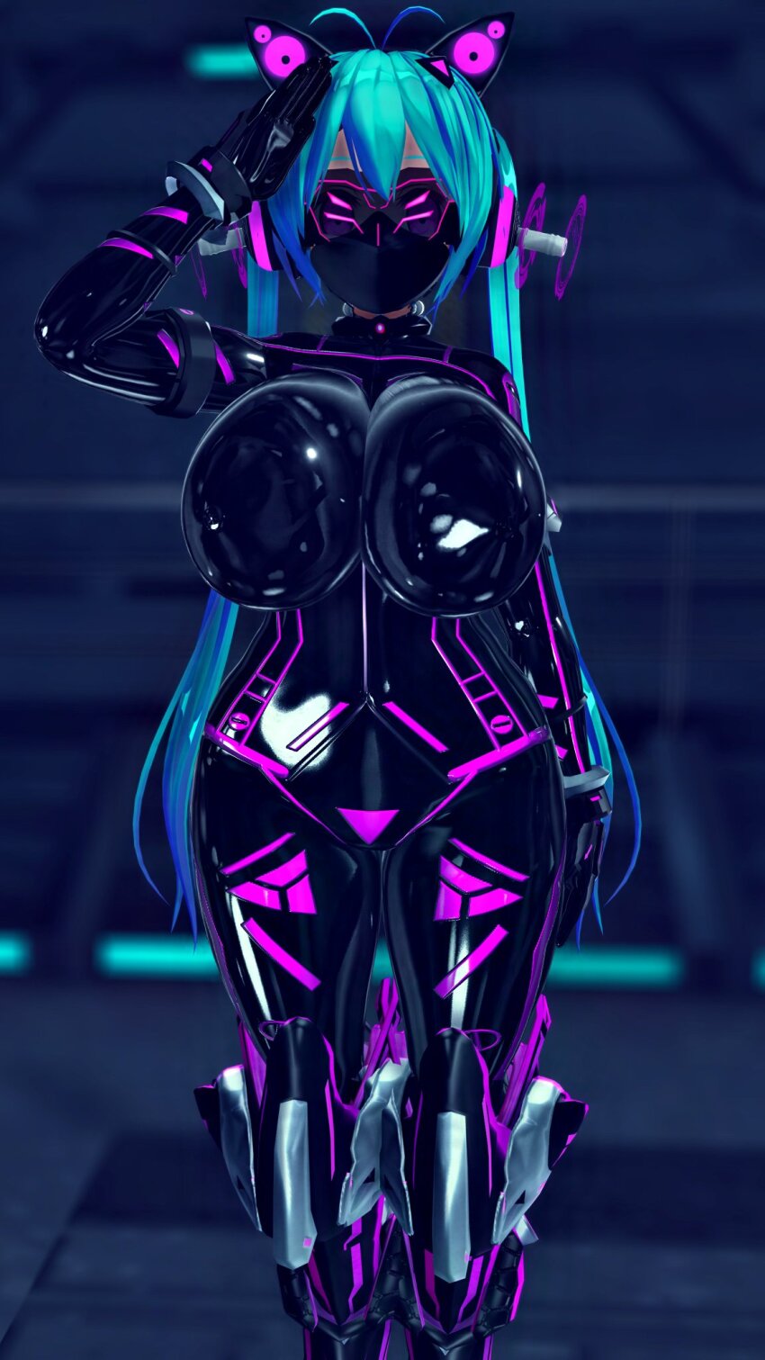 3d ahoge blue_hair bodysuit breasts collar corruption custom_maid_3d_2 cyan_hair cyber-sexaroid_(dndniwana3s) drone erect_nipples_under_clothes esther_r18 face_mask female_only femsub headphones huge_breasts large_breasts latex pink_eyes rubber saluting solo standing tech_control thick_thighs twintails uchinoko_esther_(esther_r18) visor x-ray
