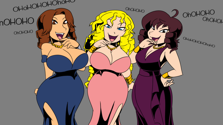 black_hair blonde_hair breast_expansion breasts brown_hair cleavage dress female_only femsub howling_mad_fox_hatter jewelry large_breasts large_hips laughing maddy_(duckydaduck) multiple_girls open_mouth original princess_caelia_(kachopper9) text yuki_(aqualover92)