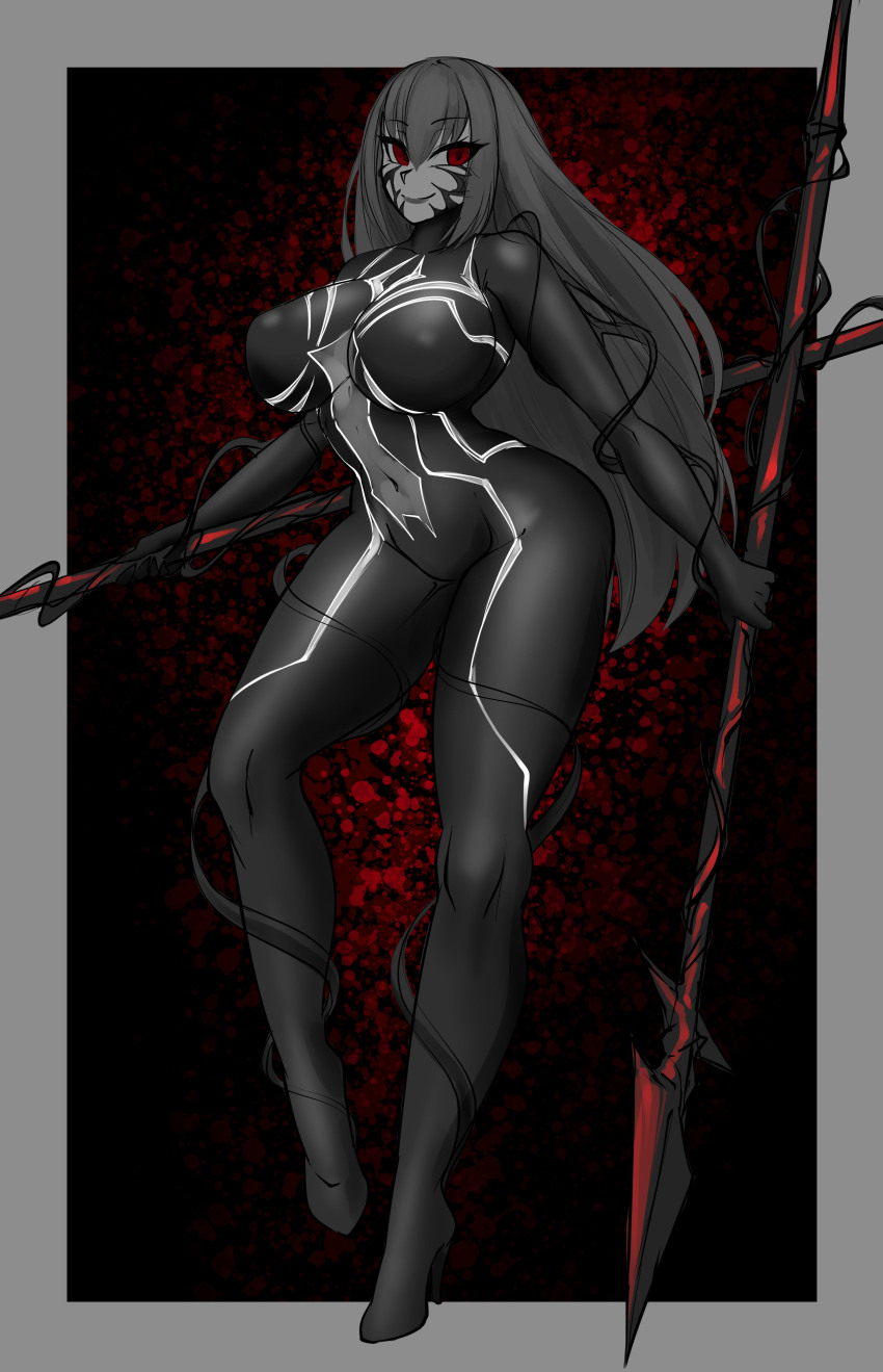 alien alternate_color_scheme alternate_costume alternate_hair_color androgynous_dom black_hair breasts corruption crossover fate/grand_order fate_(series) femsub happy_trance high_heels large_breasts legs living_costume long_hair marvel_comics navel parasite possession red_eyes rikatsuky scathach_(fate/grand_order) slime smile spear spider-man_(series) standing symbiote tentacles thick_thighs thighs tight_clothing venom_(marvel) weapon