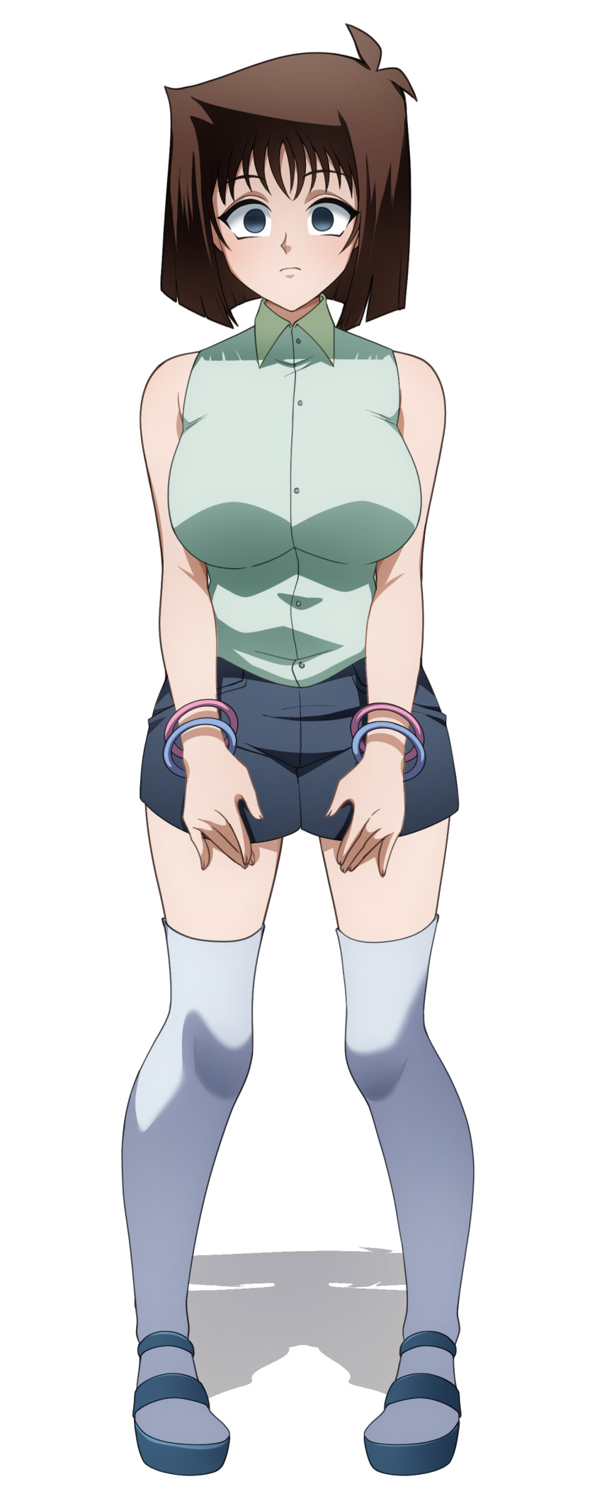 absurdres blue_eyes bracelet brown_hair clothed empty_eyes expressionless female_only femsub kdtwifi large_breasts short_hair shorts simple_background solo standing tank_top tea_gardner thighhighs white_background yu-gi-oh!