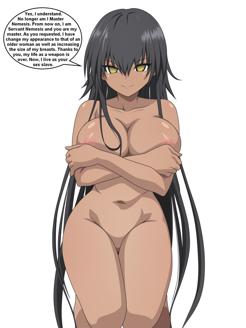 artist_request bare_shoulders black_hair bottomless breasts collarbone dark_skin empty_eyes female_only femsub happy_trance holding_breasts icontrol_(manipper) kneeling large_breasts long_hair looking_at_viewer manip master_nemesis navel nipples nude  smile solo text to_love_ru to_love_ru_darkness topless white_background yellow_eyes