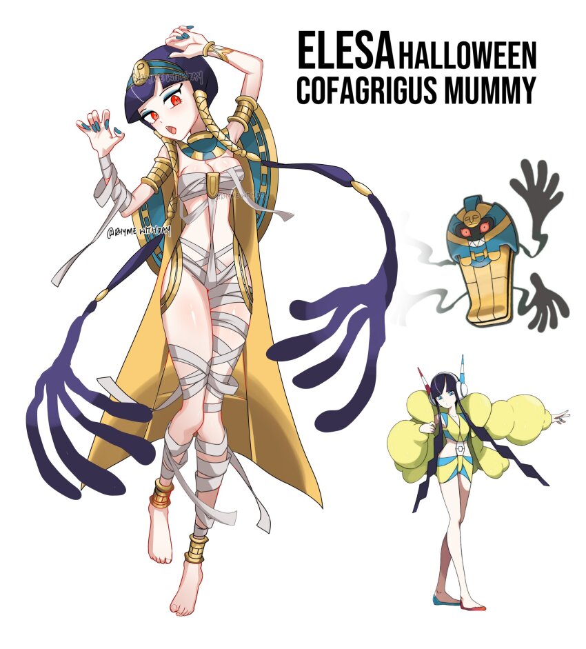 alternate_costume barefoot before_and_after blue_eyes breasts cleavage cofagrigus cosplay costume elesa english_text eyeshadow femsub floating fusion halloween looking_at_viewer makeup midriff nail_polish nintendo open_mouth pokemon pokemon_(creature) pokemon_black_and_white pokemon_masters possession ray red_eyes text