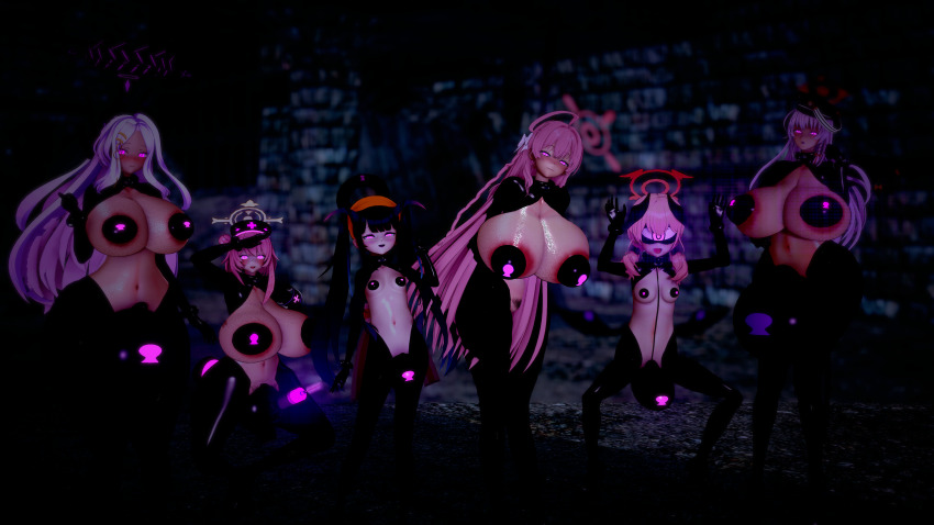 3d ahoge arms_behind_back bangs black_hair blindfold blue_archive blush cat_ears character_request chastity corruption cuffs flat_chest futanari futasub fuuka_aikiyo glowing hair_ornament halo hanako_(blue_archive) happy_trance hat hina_sorasaki horns koharu_(blue_archive) koikatsu! kuromaru living_costume long_hair looking_at_viewer m.u.g.e.n. monokuromulite multiple_girls multiple_subs navel null_bulge open_mouth pad_lock pasties pink_eyes pubic_hair reverse_bunnysuit saluting small_breasts smile spread_legs squatting straight-cut_bangs sweat tongue twintails very_long_hair