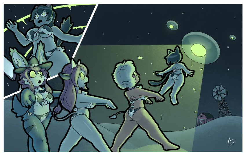 allison_(argonis) animal_ears ass bangs barefoot bell_collar bikini black_hair blonde_hair breasts cleavage collar cow_girl cow_print cowbell cowboy_hat expressionless feet female_only femsub floating furry horns hypnodoe hypnotic_light long_hair midriff multiple_girls multiple_subs open_mouth original short_hair ufo underboob zombie_walk