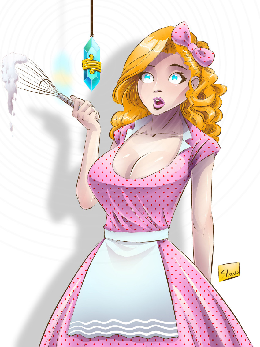 absurdres apron blonde_hair blue_eyes bow breasts cleavage crystal dazed dress empty_eyes female_only femsub housewife large_breasts long_hair open_mouth original pendulum shono