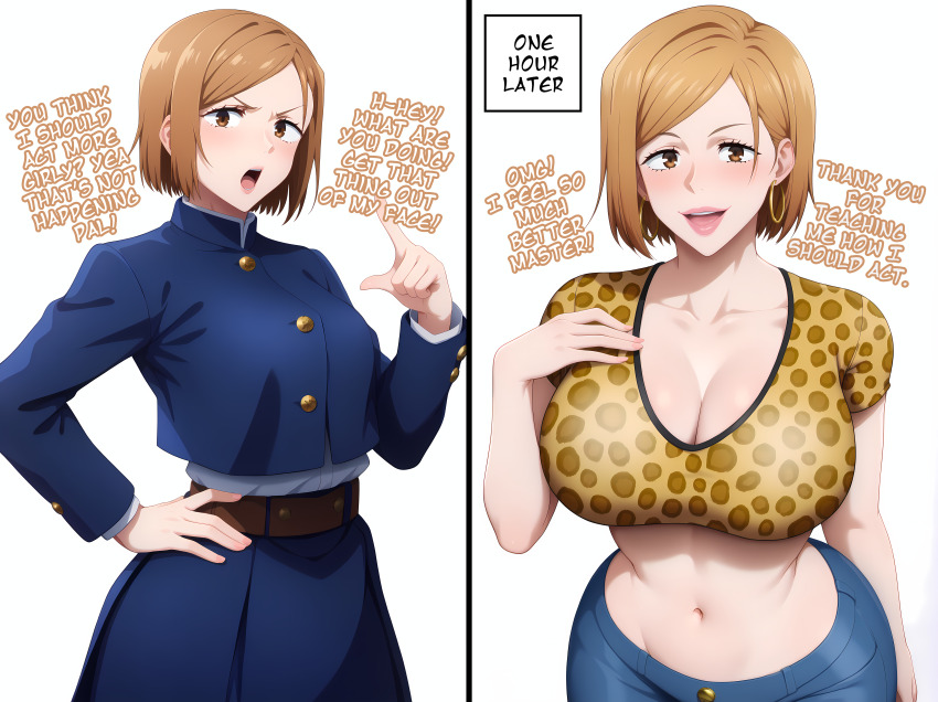 ai_art before_and_after bimbofication brown_eyes brown_hair cleavage collarbone comic earrings female_only feminization femsub hand_on_hip huge_breasts jacket jeans jujutsu_kaisen kugisaki_nobara lipstick looking_at_viewer maledom midriff minimimic_(generator) minimimic_(manipper) navel open_mouth school_uniform short_hair simple_background stable_diffusion_(ai) text white_background