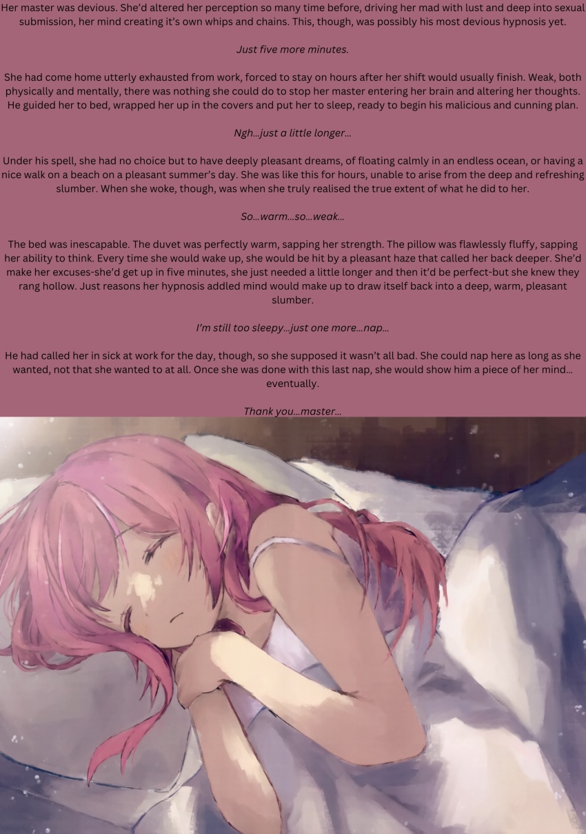 babylon_(manipper) bed caption caption_only consensual femsub maledom nijisanji pink_hair sleep_command sleeping solo wholesome