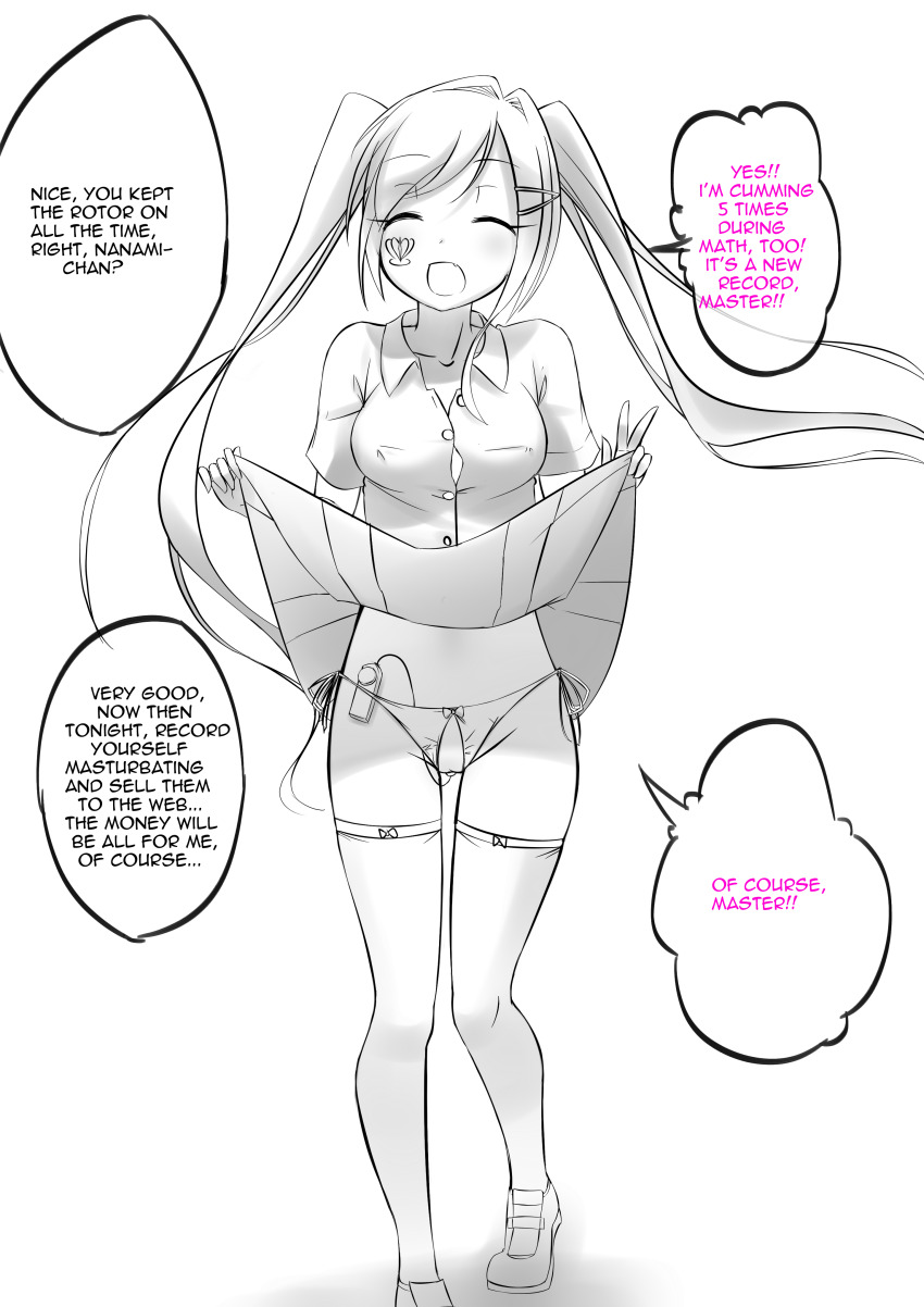 absurdres female_only femsub greyscale happy_trance long_hair open_mouth original sex_toy skirt skirt_lift solo text thighhighs twintails v vahn_yourdoom vibrator