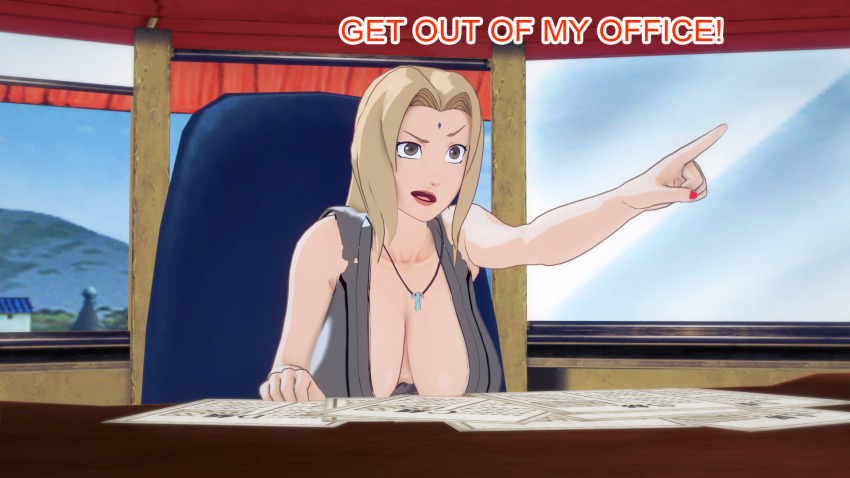 altered_common_sense aware blonde_hair breasts brown_eyes clothed dialogue dogdog english_text female_only femsub naruto_(series) solo text tsunade
