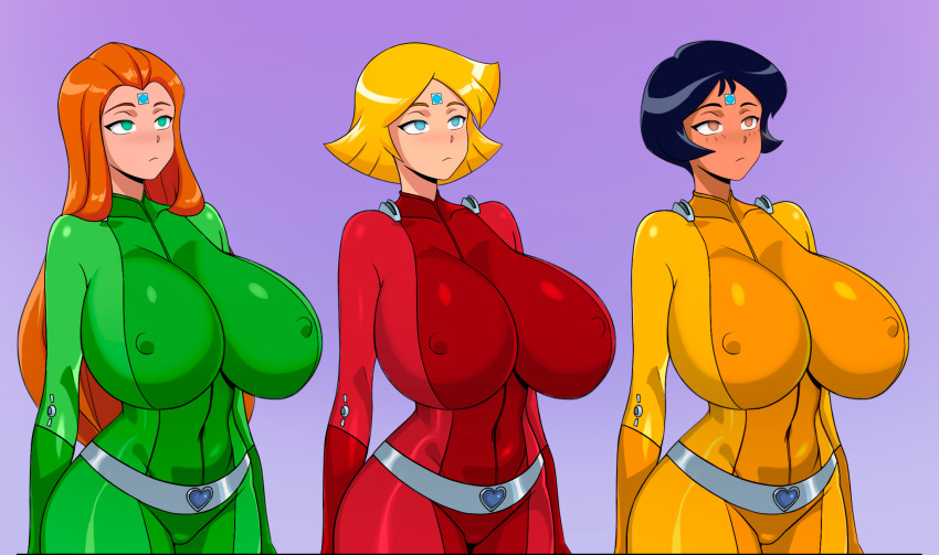 alex black_hair blonde_hair blue_eyes bodysuit breasts brown_eyes clover empty_eyes erect_nipples_under_clothes expressionless female_only femsub green_eyes heart huge_breasts long_hair microchip multiple_girls multiple_subs orange_hair sam shinzu short_hair standing standing_at_attention totally_spies