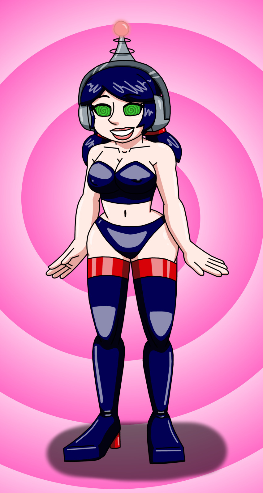 absurdres antenna blue_hair boots fembot femsub happy_trance headphones high_heels latex marinette_dupain-cheng miraculous_ladybug robotization smile spiral_eyes supertechno324 symbol_in_eyes tech_control thigh_boots twintails