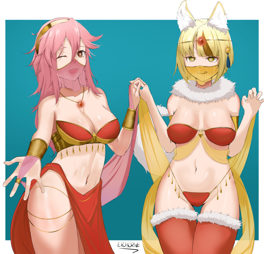 absurdres animal_ears bangs bare_legs bare_shoulders blonde_hair breasts brown_hair circlet cleavage clothed clothed_exposure dancer dancing eroborne female_only femsub fire_emblem fire_emblem_fates fox_ears fox_girl fox_tail fur_coat gold hair_ornament happy_trance harem harem_outfit headband heart heart_eyes holding_hands hypnotic_accessory jewelry kitsune_girl large_breasts legs licking licking_lips lip_biting loincloth long_hair looking_at_viewer love midriff multicolored_hair multiple_girls multiple_subs navel necklace nintendo one_eye_open open_mouth orange_eyes pink_hair pov pov_dom ribbon royalty seductive_smile selkie_(fire_emblem_fates) short_hair smile smirk soleil_(fire_emblem) standing straight-cut_bangs symbol_in_eyes tail thick_thighs thighhighs thighs tongue tongue_out veil very_long_hair wrist_band yellow_eyes