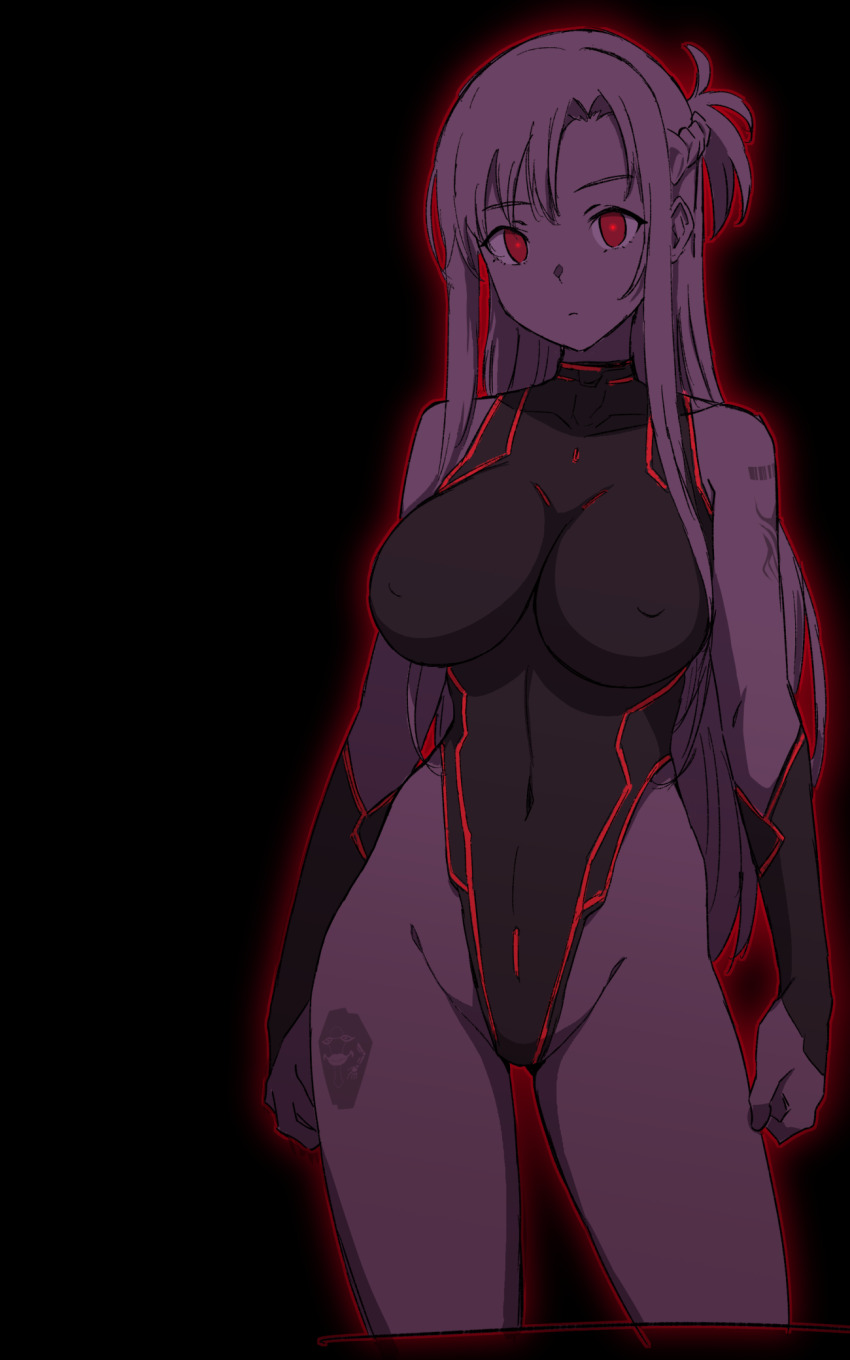 asuna batta18th bodysuit breasts brown_hair clothed empty_eyes enemy_conversion expressionless female_only femsub laughing_coffin red_eyes solo sword_art_online