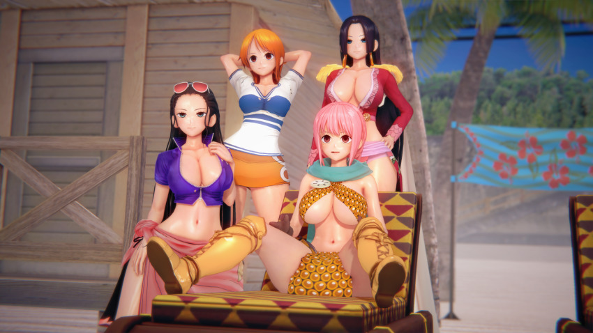 beach bikini bikini_armor black_hair blue_eyes boa_hancock clothed doll dollhouse earrings empty_eyes expressionless female_only femsub long_hair multiple_girls multiple_subs nami_(one_piece) nico_robin one_piece orange_hair outdoors pink_hair posing rebecca_(one_piece) red_eyes short_hair sitting standing sunglasses