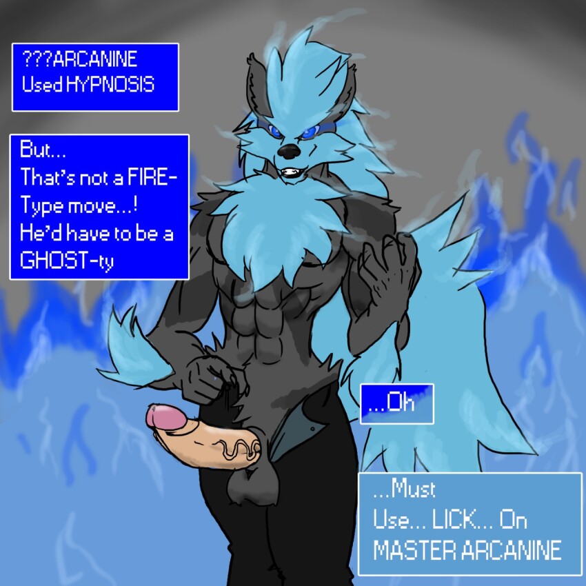 abs arcanine blue_hair bottomless dog_boy erection furry glowing glowing_eyes gradient_text long_hair looking_at_viewer nintendo nude oldmangunda open_clothes penis pokemon pov pov_sub sketch smile text topless traditional undressing
