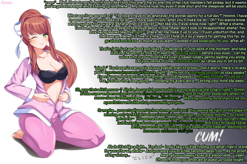 bra brain_drain breasts brown_hair caption caption_only cumming_out_brain doki_doki_literature_club female_only femdom gradient_background gradient_text green_eyes hair_ribbon hypnotic_breasts large_breasts long_hair looking_at_viewer manip masturbation_command miney_(manipper) monika orgasm_command pajamas ponytail pov pov_sub ribbon sitting sleep_command sleeping sleepy smile solo text thighs turning_the_tables