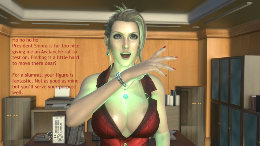 3d absurdres blonde_hair blue_eyes breasts dialogue dochaunt dress evil_smile femdom final_fantasy final_fantasy_vii glowing hypnotic_accessory large_breasts laughing necklace scarlet_(ff7) smile text