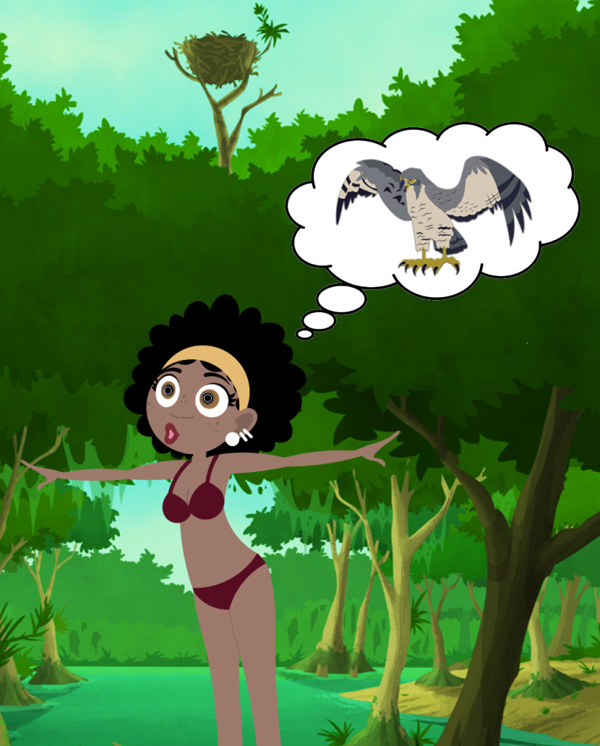 afro bikini breasts koki_(wild_kratts) pet_play symbol_in_eyes wild_kratts